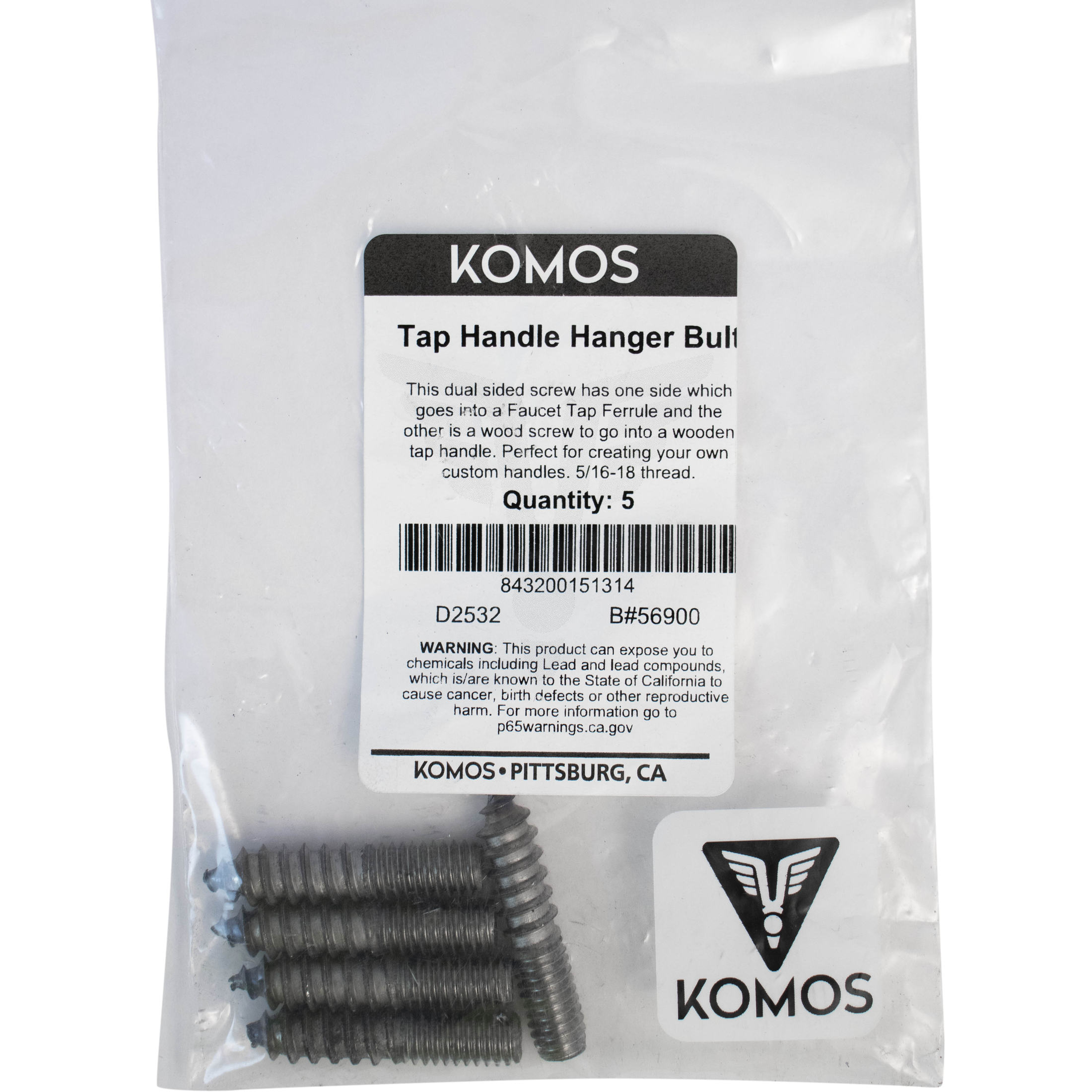 Komos - Hanger Bolt for Tap Handle - 5/16 in. for Ferrule - Pack of 5